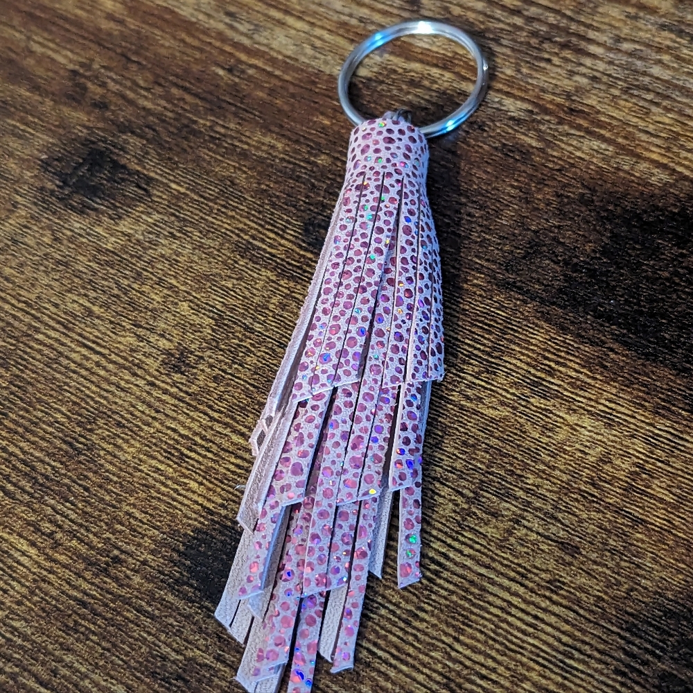Sparkly Pink Leather Tassel Keychain NEW!